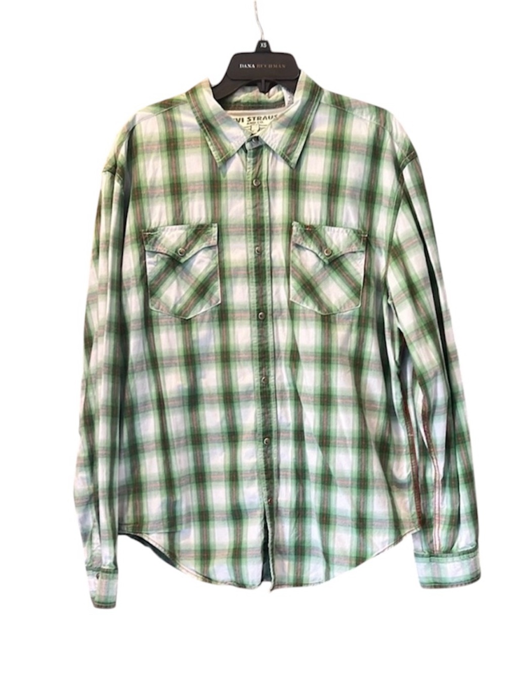 Levi's Mens Western Shirt Large Green Plaid Pearl Snap Long Sleeve Cotton